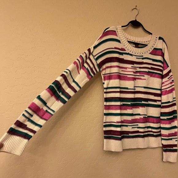 Copper Key Cream with Burgundy/Pink/Teal Stripes Knit Sweater - Picture 6 of 11